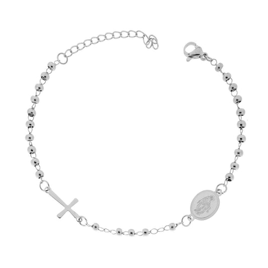 Bracciale Rosario cm 18+5 con Grani Pallina Liscia mm 3 con Croce e Medaglia Madonna in ACCIAIO