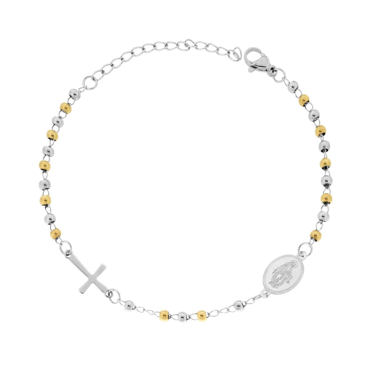 Bracciale Rosario cm 18+5 con Grani Pallina Liscia mm 3 con Croce e Medaglia Madonna in ACCIAIO e colore Oro