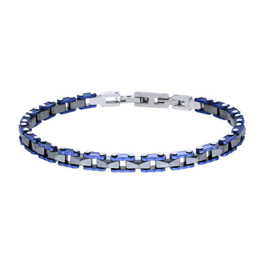 Bracciale Uomo Catena Imperniata Dentellata Blu con Ceramica Antracite Bugnata in ACCIAIO