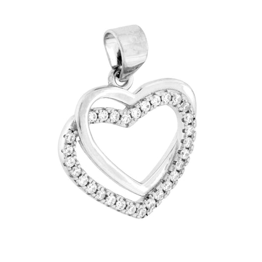 Ciondolo a forma di cuori incrociati con finitura liscia e lucida e cubic zirconia colore bianco incastonati.