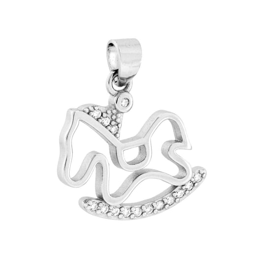 Ciondolo a forma di Cavalluccio a Dondolo con finitura lucida e con cubic zirconia bianchi incastonati.<BR>