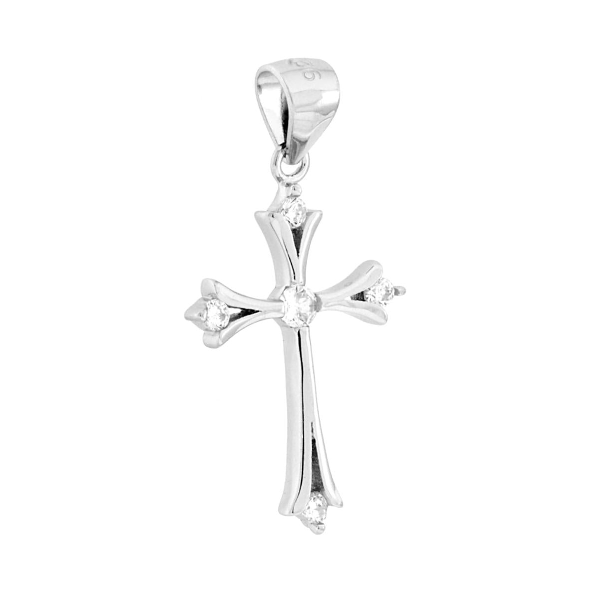Ciondolo a forma di croce con finitura lucida e con cubic zirconia colore bianco incastonati.