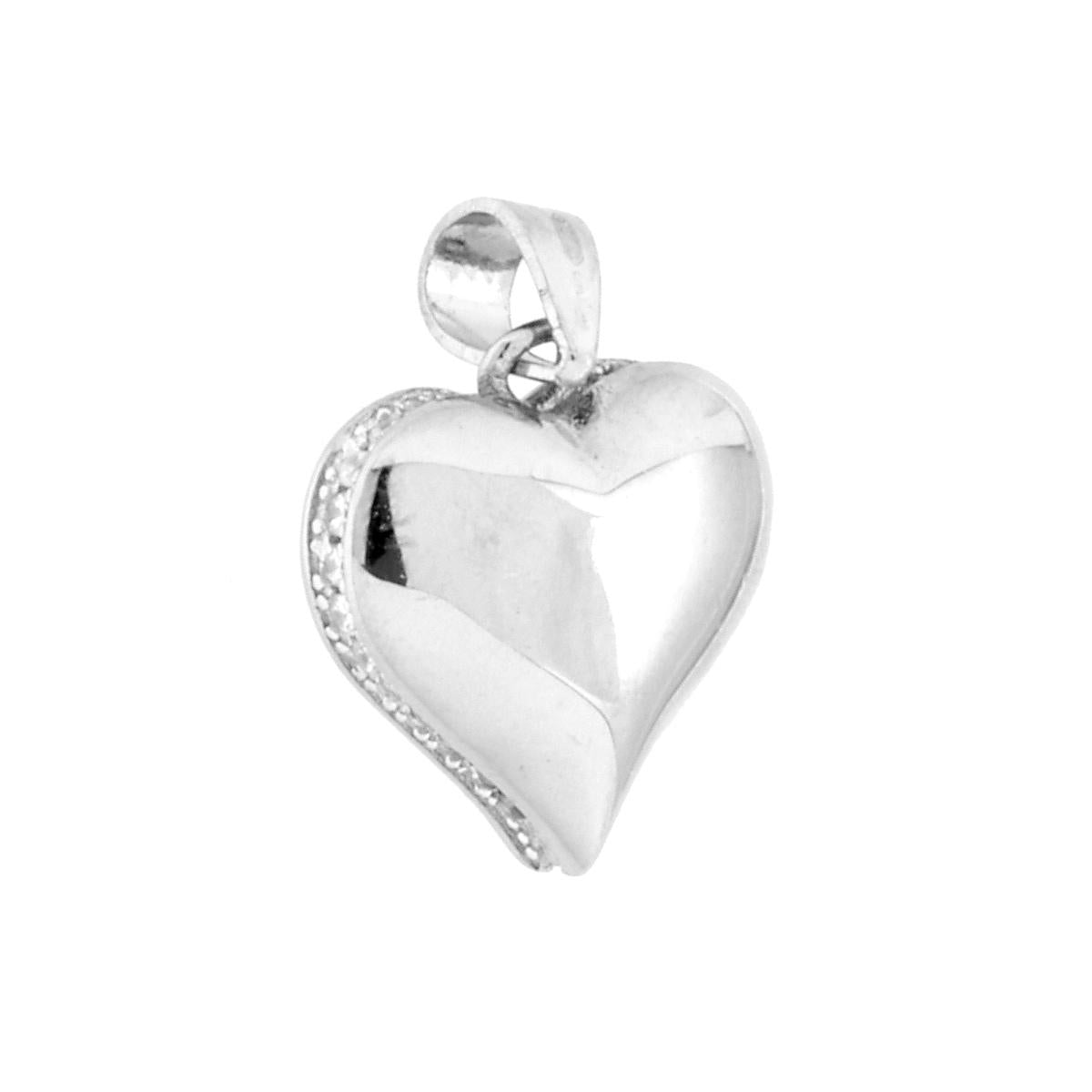 Ciondolo a forma di cuore bombato con finitura liscia e lucida e cubic zirconia colore bianco incastonati lateralmente.<BR>