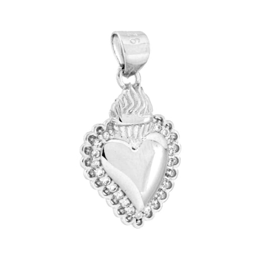Ciondolo a forma di cuore votivo con finitura lucida e cubic zirconia colore bianco incastonati.