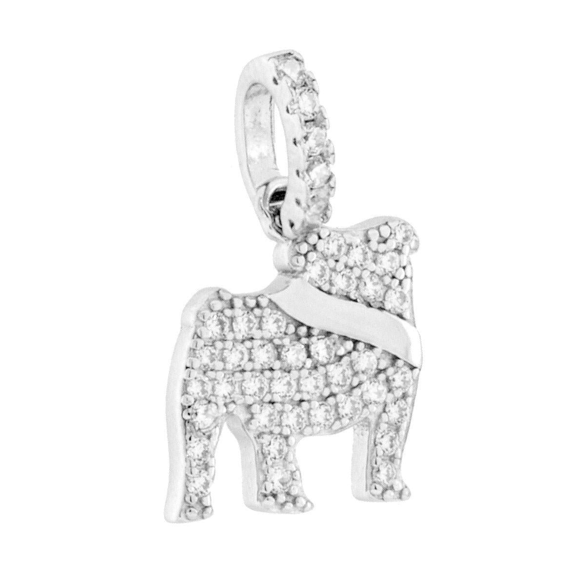 Ciondolo a forma di cane con cubic zirconia bianchi incastonati.