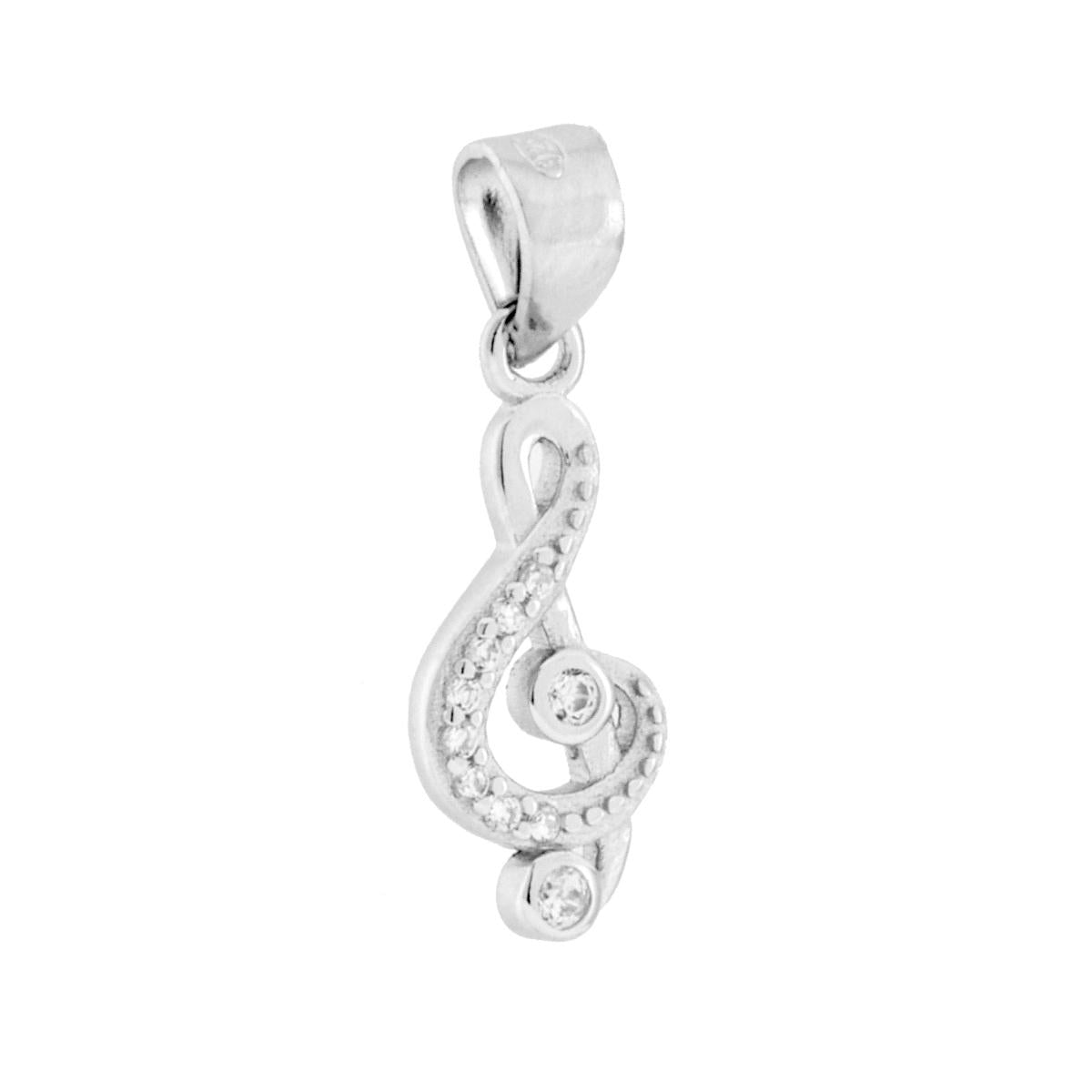 Ciondolo a forma di Chiave di Violino con cubic zirconia bianchi incastonati.