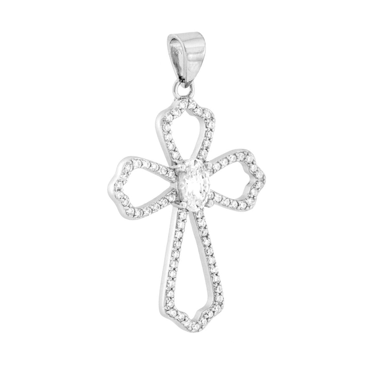 Ciondolo a forma di croce con cubic zirconia ovale centrale e cubic zirconia colore bianco incastonati lateralmente.<BR>