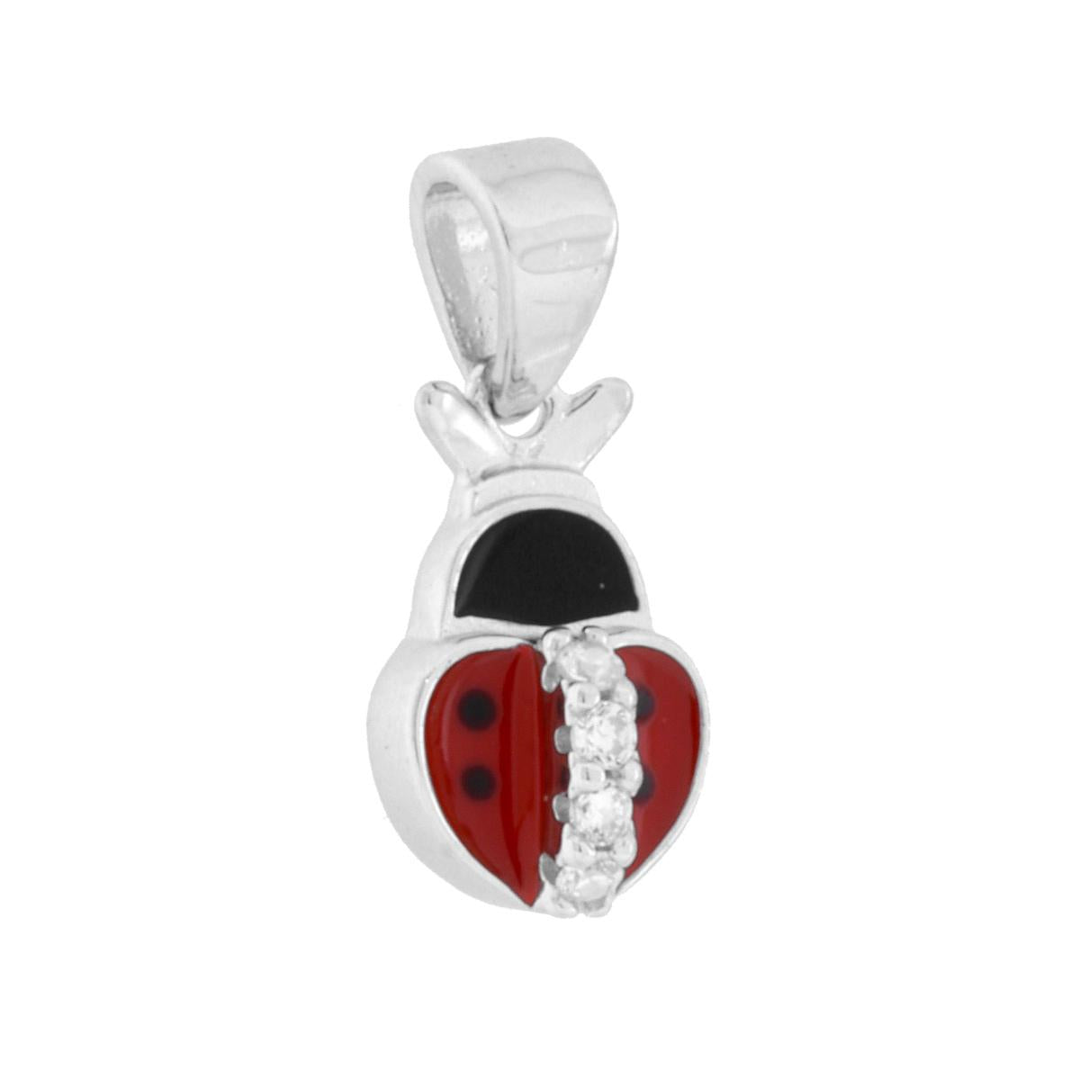 Ciondolo a forma di coccinella a cuore con apllicazione smalto rosso e nero e cubic zirconia bianchi incastonati.