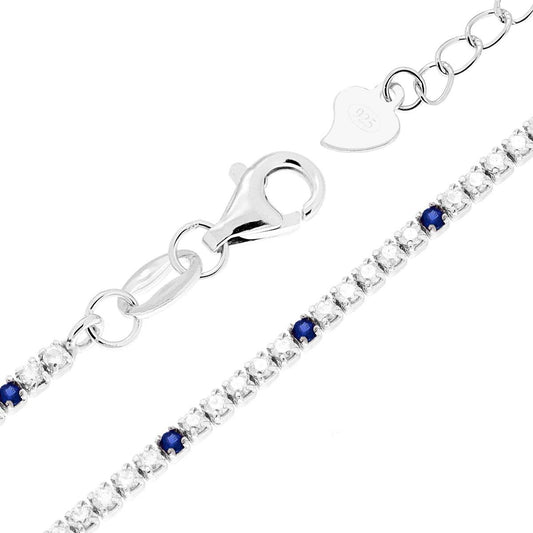 Bracciale Tennis cm 16+3 con Zirconi mm 1.5 alternati Bianchi e Blu Zaffiro in ARGENTO 925 Galvanica Rodio