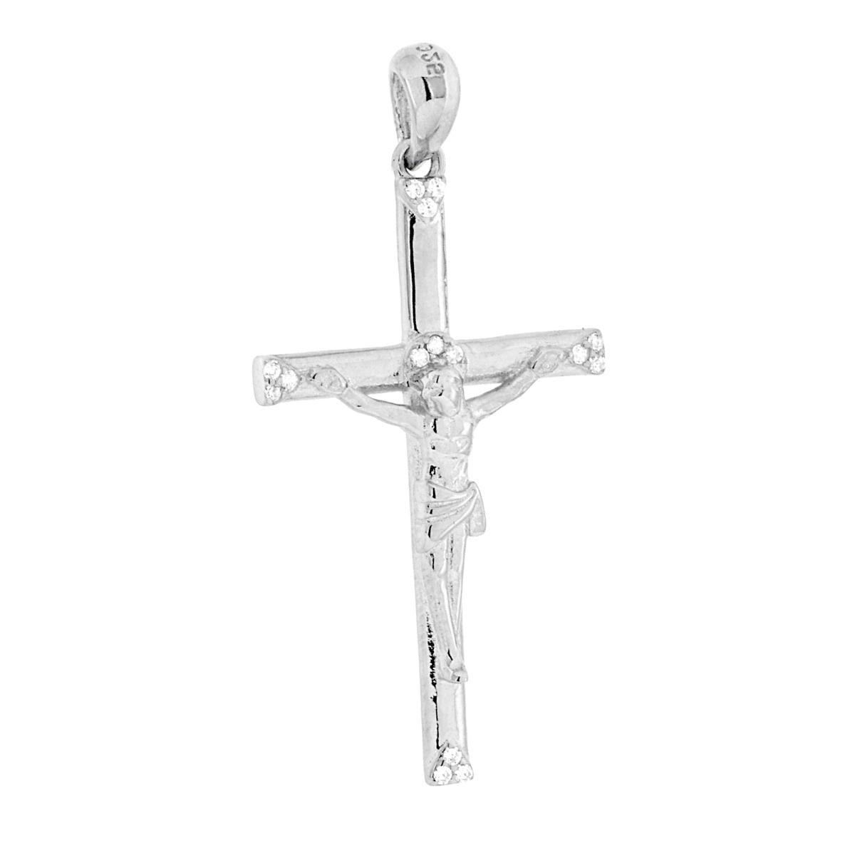 Ciondolo a forma di croce con Ges Cristo con finitura liscia e lucida e con cubic zirconia bianchi incastonati.