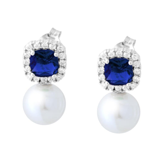 Orecchini Quadrati Cushion Blu Zaffiro contornato da Cubic Zirconia Bianchi e Perla Bianca in ARGENTO 925 Galvanica Rodio
