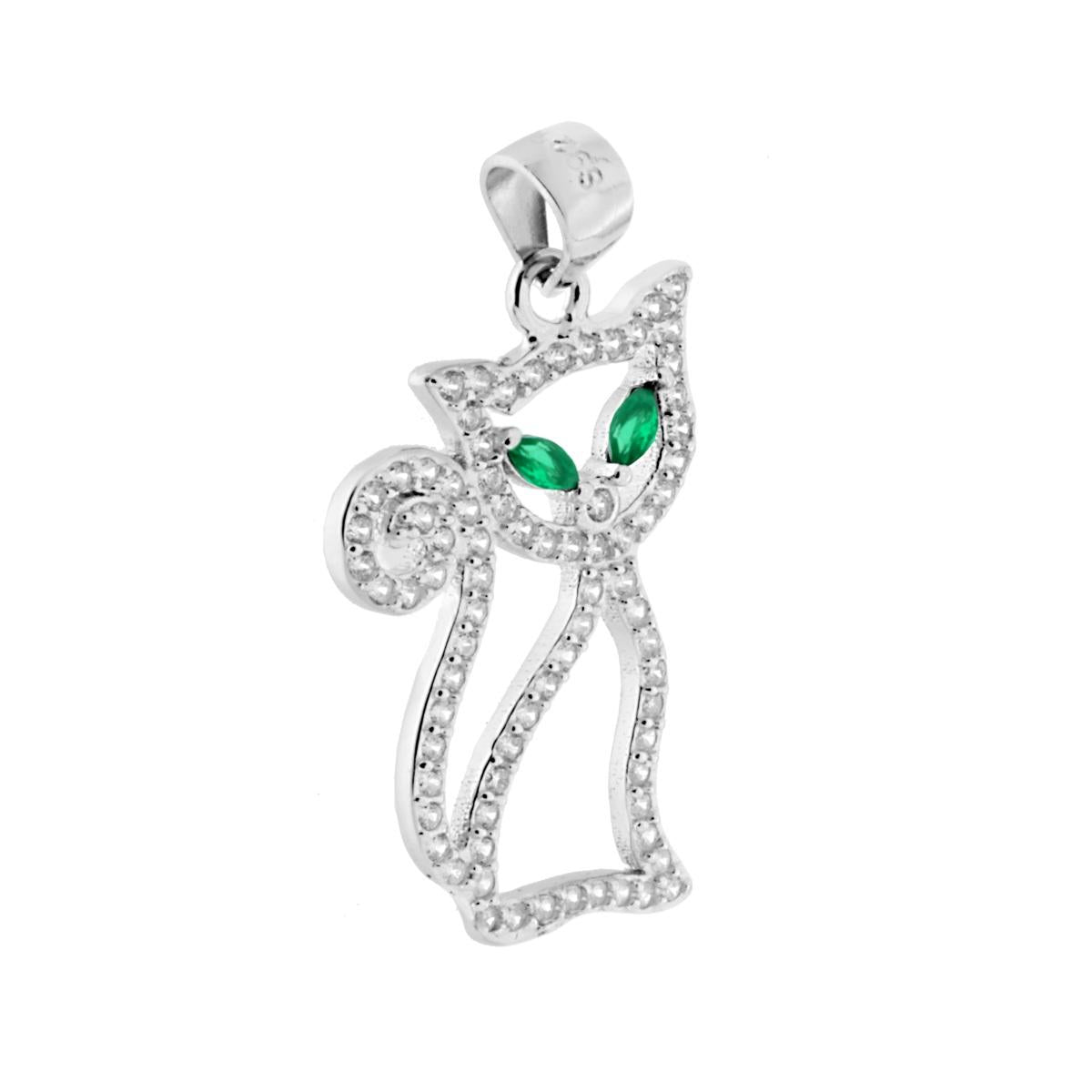 Ciondolo a forma di Gatto con cubic zirconia Bianchi e Occhi con cubic zirconia Verde Smeraldo.