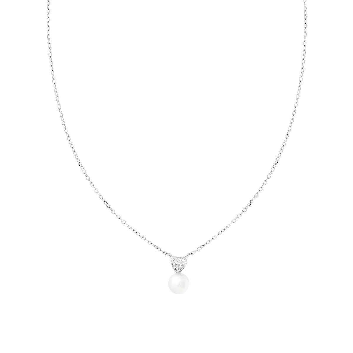 Collana Catena Forzatina Diamantata con Perla e Cuore con Cubic Zirconia Bianchi in ARGENTO 925 Galvanica Rodio