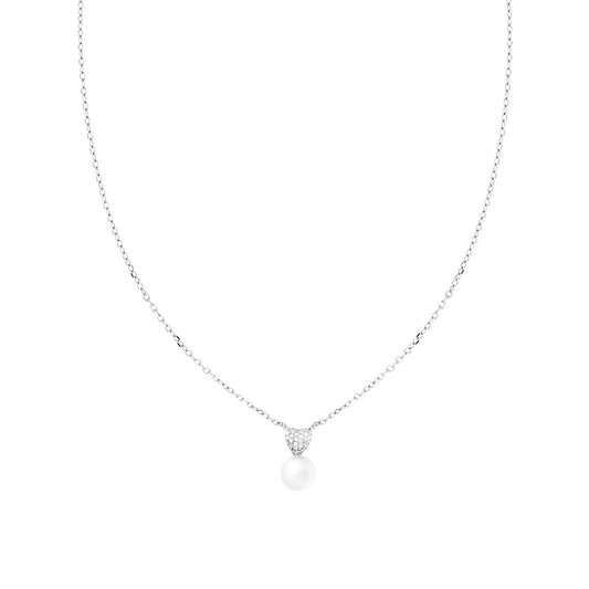 Collana Catena Forzatina Diamantata con Perla e Cuore con Cubic Zirconia Bianchi in ARGENTO 925 Galvanica Rodio