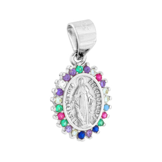 Ciondolo Medaglietta di forma ovale con al centro immagine in rilievo della Madonna Miracolosa con intorno cubic zirconia multicolor incastonati.<BR>