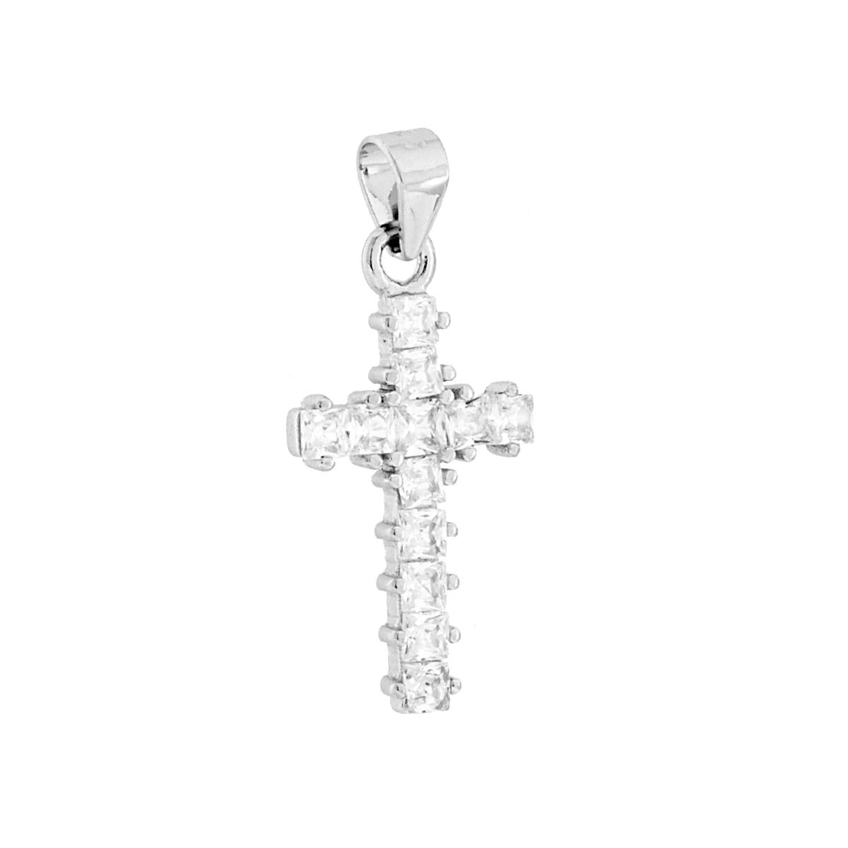 Ciondolo a forma di croce con cubic zirconia colore bianco incastonati.<BR>