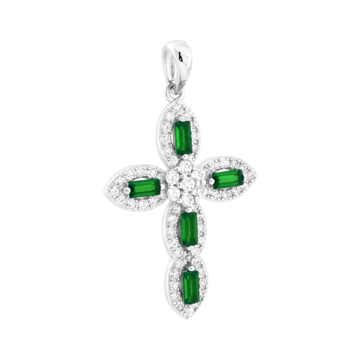 Ciondolo a forma di croce con cubic zirconia taglio Baguette colore Verde Smeraldo e tondo bianchi incastonati.