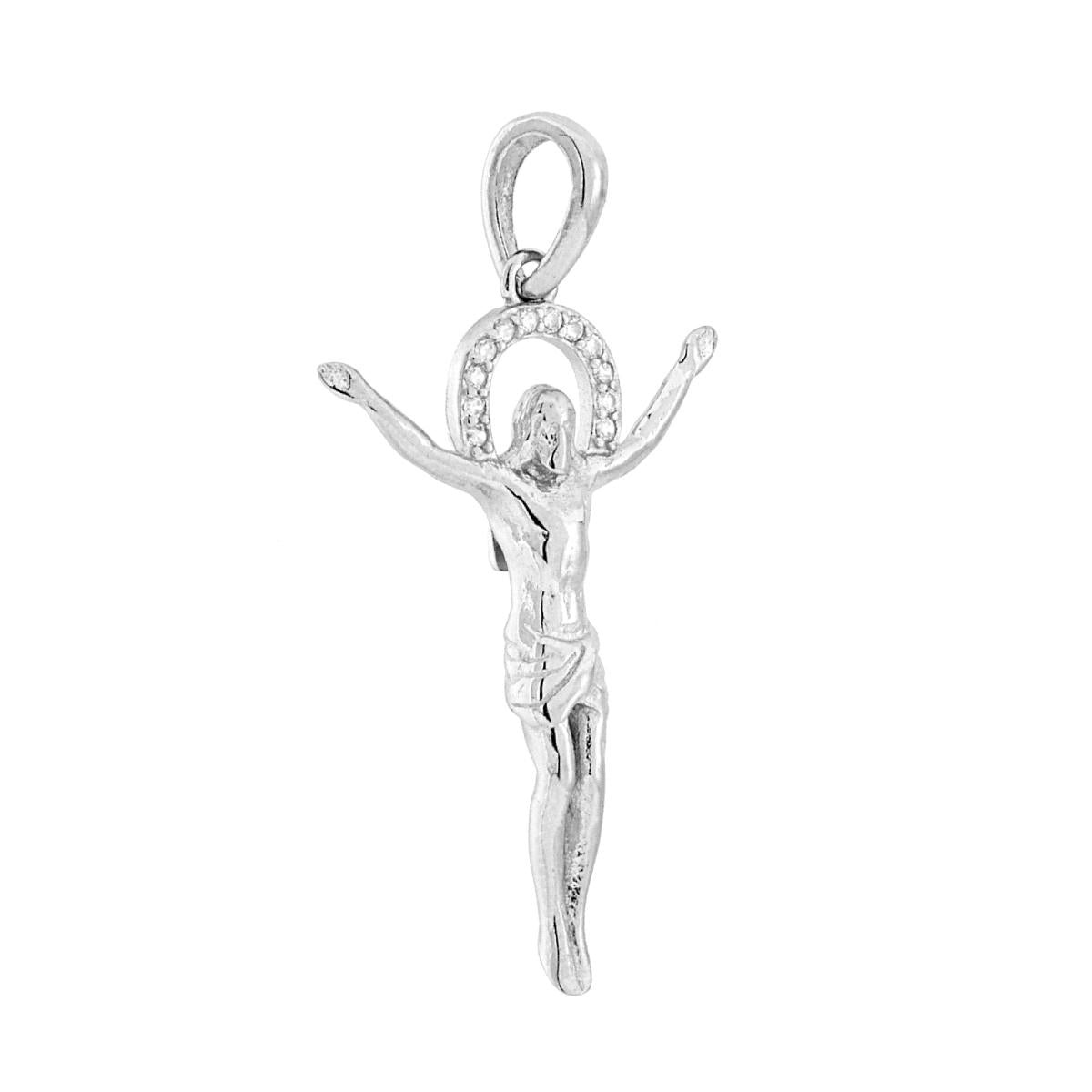 Ciondolo a forma di Ges Cristo con finitura liscia e lucida e con cubic zirconia bianchi incastonati.