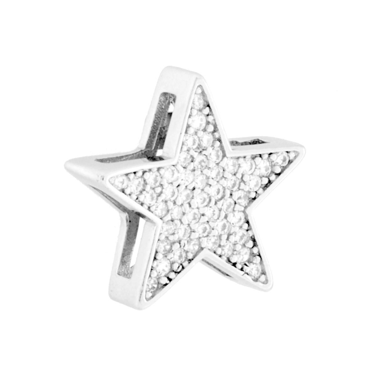 Ciondolo a forma di stella con passante per catena e cubic zirconia bianchi incastonati.