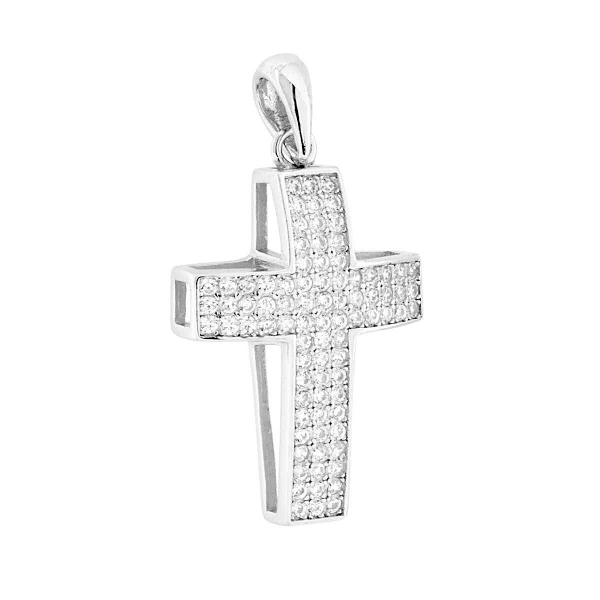 Ciondolo a forma di croce con cubic zirconia colore bianco incastonati.