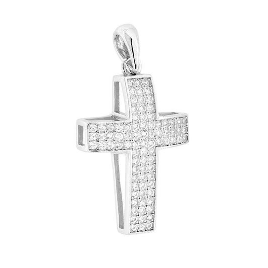 Ciondolo a forma di croce con cubic zirconia colore bianco incastonati.