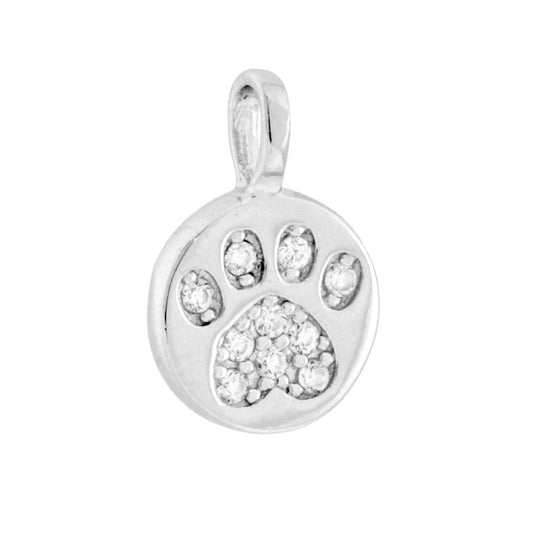 Ciondolo Piastrina di forma tonda con finitura lucida e soggetto a forma di impronta di zampa con cubic zirconia bianchi incastonati.