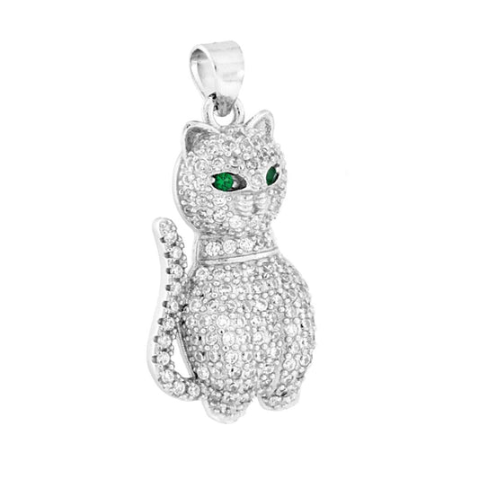 Ciondolo a forma di Gatto con cubic zirconia Bianchi e Occhi con cubic zirconia Verde Smeraldo.