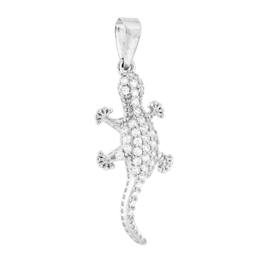 Ciondolo a forma di geco con cubic zirconia bianchi incastonati.