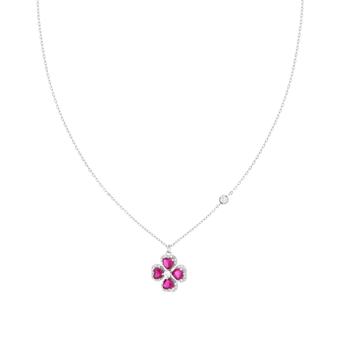 Collana Catena Forzatina Diamantata con Punto Luce Bianco e Quadrifoglio con Cuori Rosso Rubino contornati da Cubic Zirconia Bianchi in ARGENTO 925 Galvanica Rodio