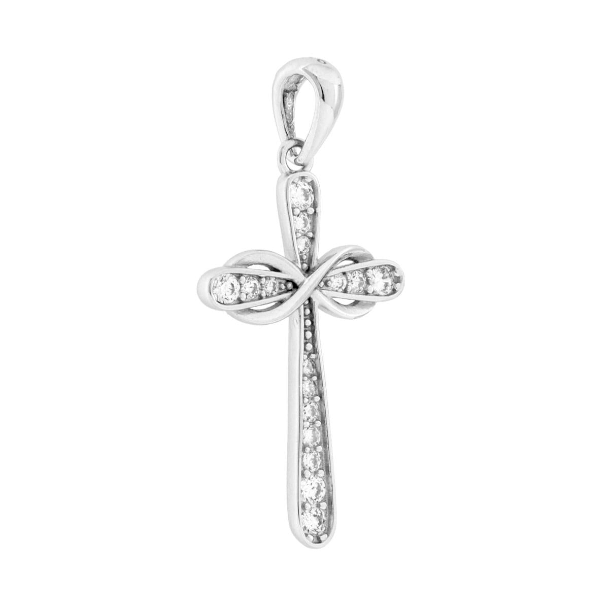 Ciondolo a forma di croce con infinito con finitura lucida, cubic zirconia colore bianco incastonati.