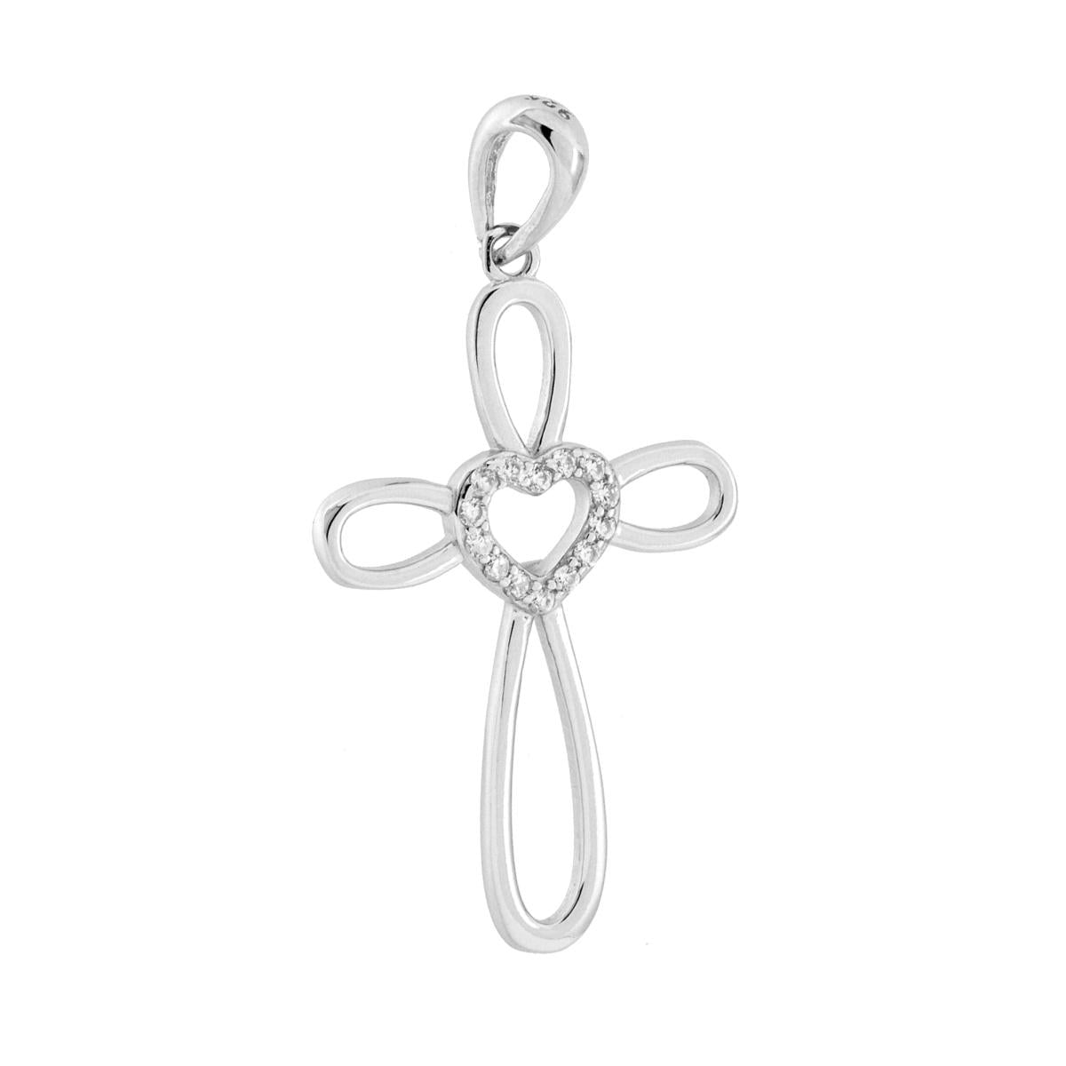 Ciondolo a forma di croce con finitura lucida, con cuore e con cubic zirconia colore bianco incastonati.