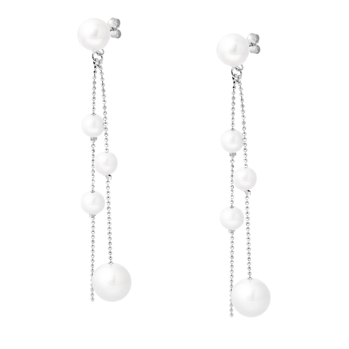 Orecchini Lunghi con Catena Palline e Perle pendenti in ARGENTO 925 Galvanica Rodio