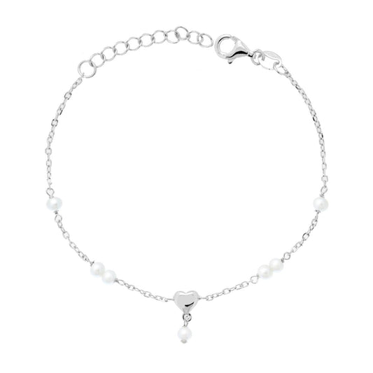 Bracciale Catena Forzatina Diamantata con Perle e Cuore in ARGENTO 925 Galvanica Rodio