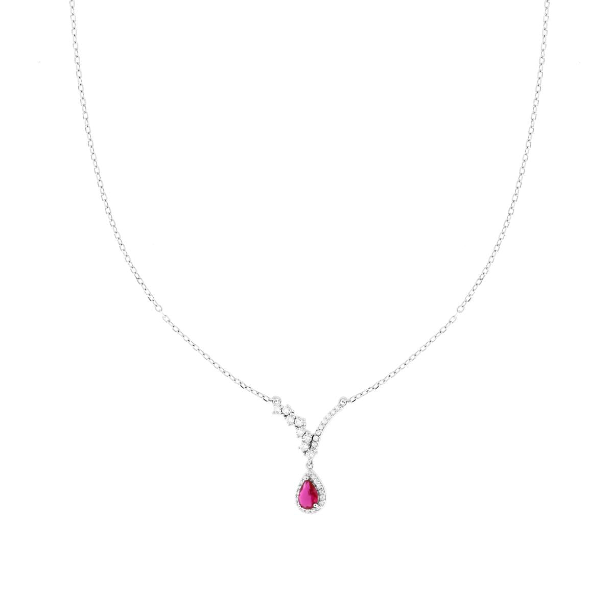 Collana Catena Forzatina Diamantata con Diadema Bianco e Goccia Rosso Rubino contornata da Cubic Zirconia Bianchi in ARGENTO 925 Galvanica Rodio