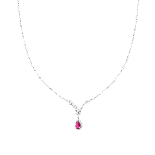 Collana Catena Forzatina Diamantata con Diadema Bianco e Goccia Rosso Rubino contornata da Cubic Zirconia Bianchi in ARGENTO 925 Galvanica Rodio