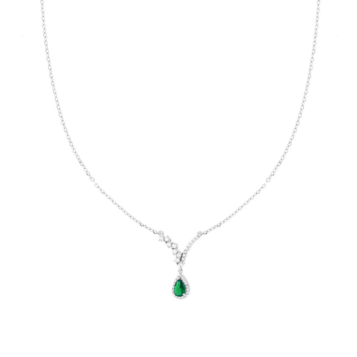 Collana Catena Forzatina Diamantata con Diadema Bianco e Goccia Verde Smeraldo contornata da Cubic Zirconia Bianchi in ARGENTO 925 Galvanica Rodio