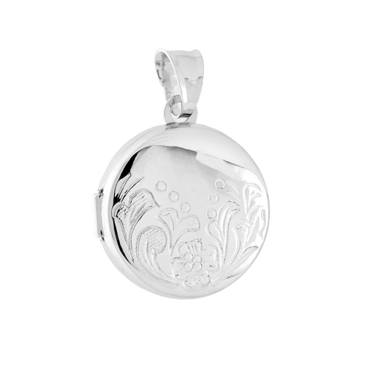 Ciondolo Portafoto a forma di tondo bombato, con motivo floreale e finitura lucida, apribile, con all' interno due piccoli contenitori uguali e coincidenti.<BR>Perfetti per custodire i ricordi pi belli!<BR>Made in Italy