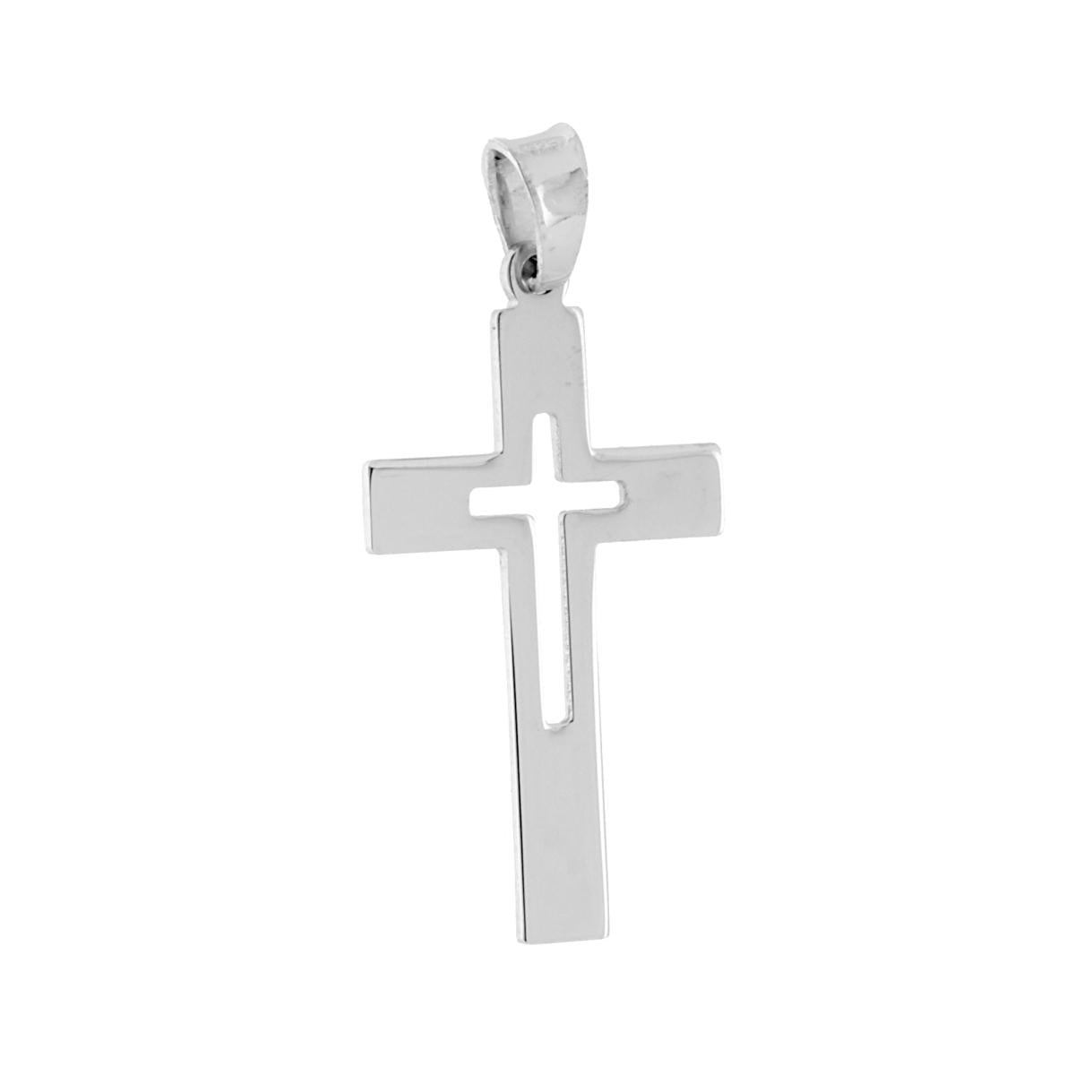 Ciondolo a forma di croce con finitura liscia, lucida e traforata.<BR>Made in Italy<BR>