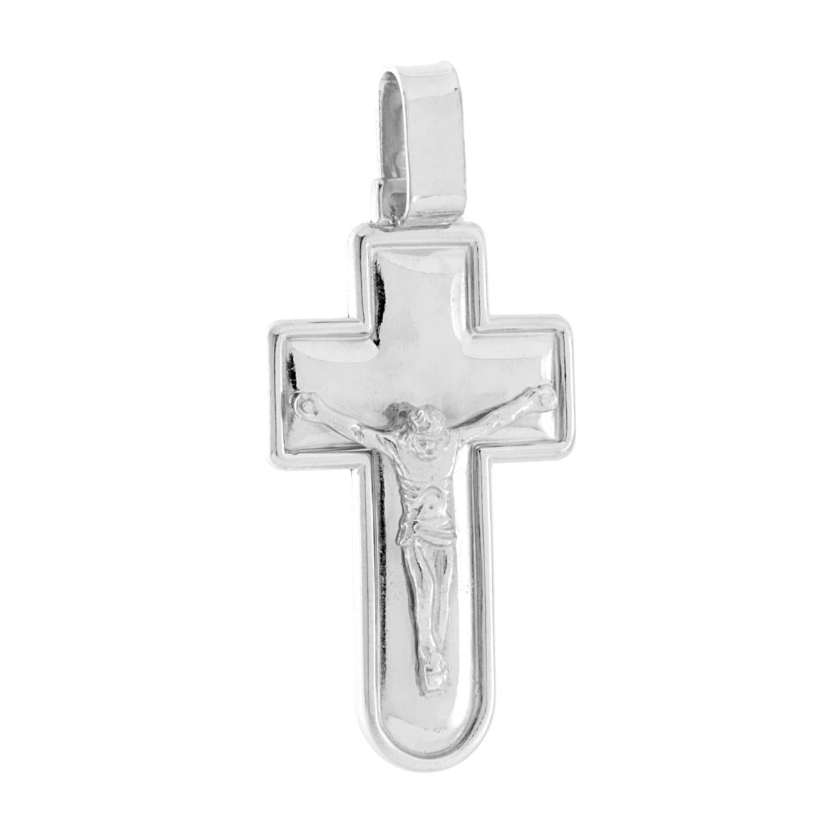 Ciondolo a forma di croce con Ges Cristo con finitura liscia e lucida.<BR>Made in Italy