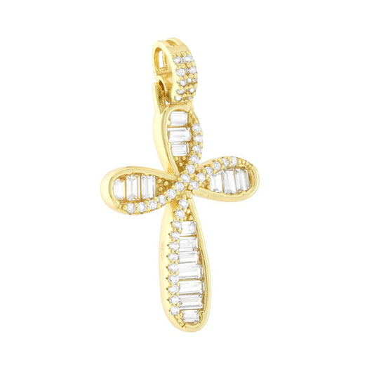 Ciondolo a forma di croce a nastro con cubic zirconia bianchi taglio baguette incastonati.<BR>Made in Italy