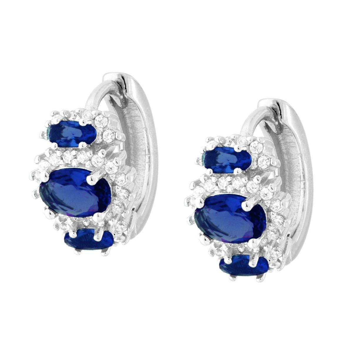 Orecchini Cerchio Scattino Ovali Blu Zaffiro con Cubic Zirconia Bianchi in ARGENTO 925 Galvanica Rodio