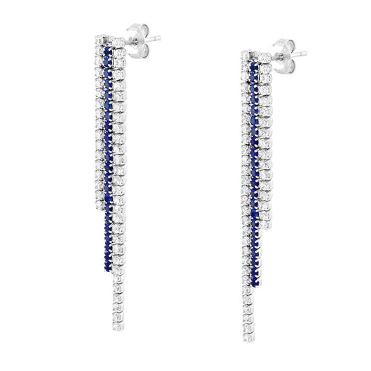 Orecchini tre fili Tennis Cubic Zirconia Blu Zaffiro e Bianchi in ARGENTO 925 Galvanica Rodio