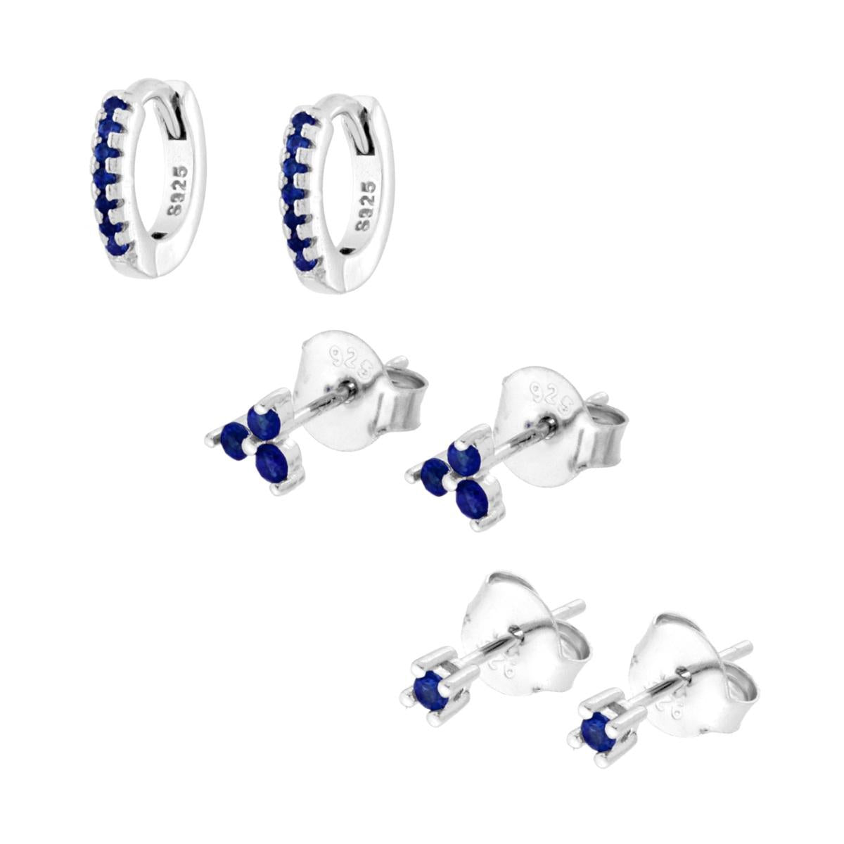 Set Orecchini Combo Cerchio Trifoglio e Punto Luce Cubic Zirconia Bianchi e Blu Zaffiro in ARGENTO 925 Galvanica Rodio