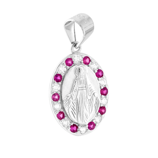 Ciondolo Medaglietta di forma ovale con al centro immagine in rilievo della Madonna Miracolosa con attorno cubic zirconia colore rosso rubino e bianchi.<BR>