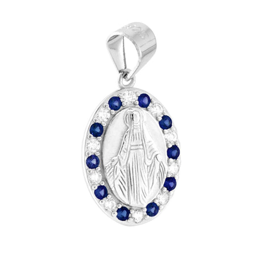 Ciondolo Medaglietta di forma ovale con al centro immagine in rilievo della Madonna Miracolosa con attorno cubic zirconia colore Blu Zaffiro e bianchi.<BR>