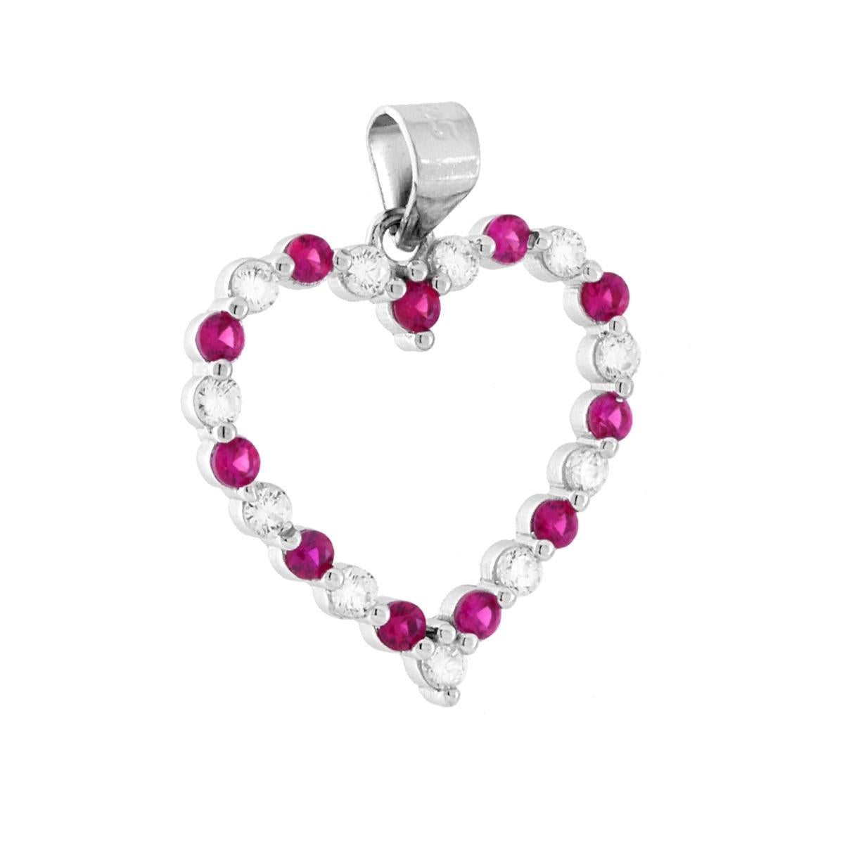 Ciondolo a forma di cuore con cubic zirconia colore Rosso Rubino e bianchi incastonati alternati.