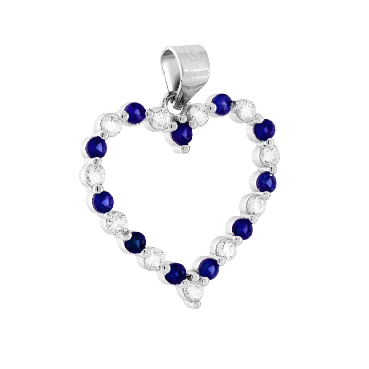 Ciondolo a forma di cuore con cubic zirconia colore Blu Zaffiro e bianchi incastonati alternati.<BR>