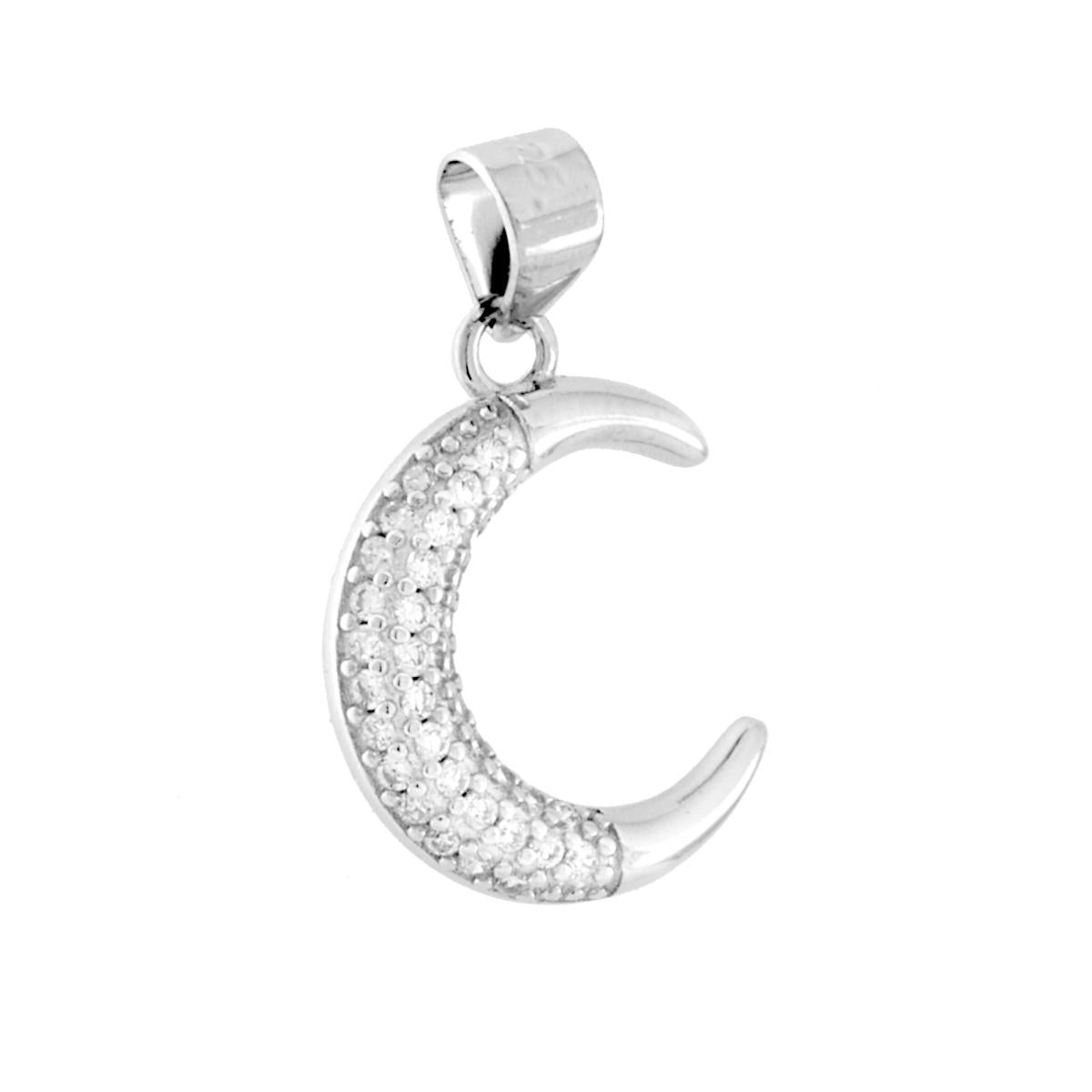 Ciondolo a forma di luna con finitura lucida e con cubic zirconia bianchi incastonati.