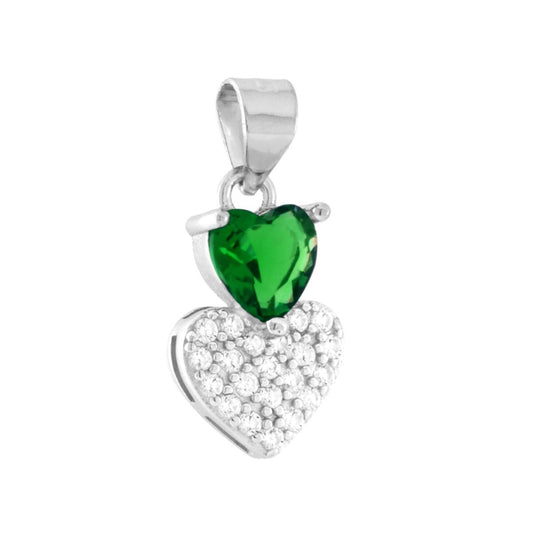 Ciondolo a forma di doppio cuore, uno Verde Smeraldo montato su 3 Griffe e uno con cubic zirconia bianchi incastonati.