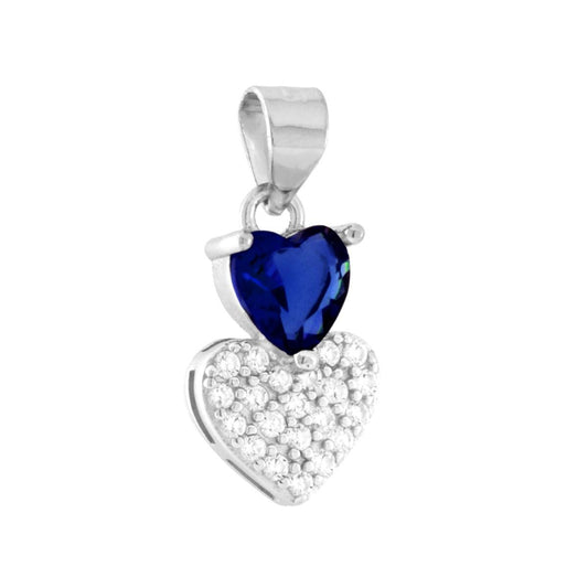 Ciondolo a forma di doppio cuore, uno Blu Zaffiro montato su 3 Griffe e uno con cubic zirconia bianchi incastonati.